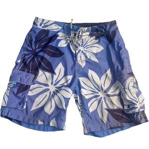 J Crew Board Shorts Men 34 Blue Hawaiian Tropical Hawaii AOP Cargo Pockets VTG